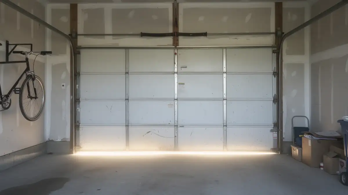 The garage door is closed with a bright line of light at the bottom.