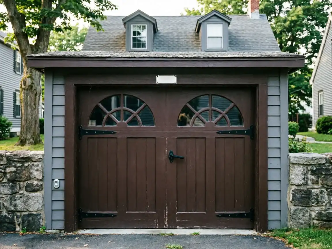 A brown wooden garage door with arched windows is on a gray building.
