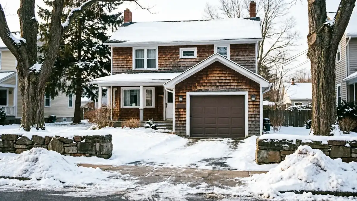 A brown shingle house with a brown garage door is covered in snow.