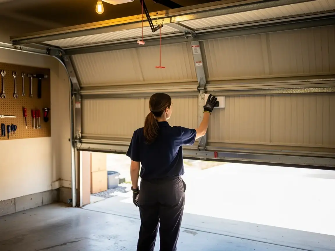 A technician in a blue shirt and gloves adjusts a beige garage door.