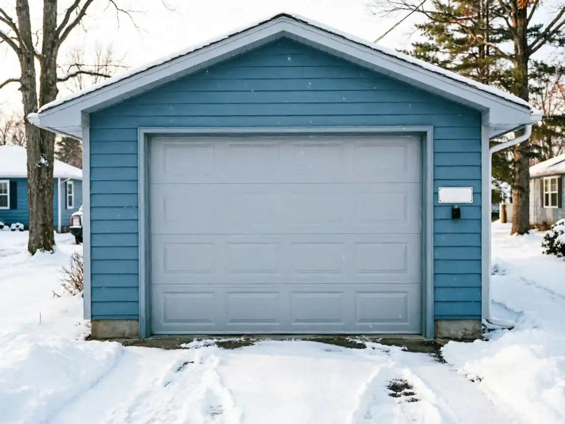 The blue garage has a white garage door and is surrounded by snow.