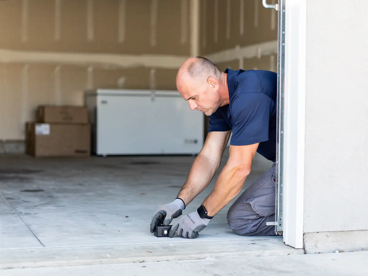 A technician kneels on the garage floor, adjusting a sensor near the garage door frame.