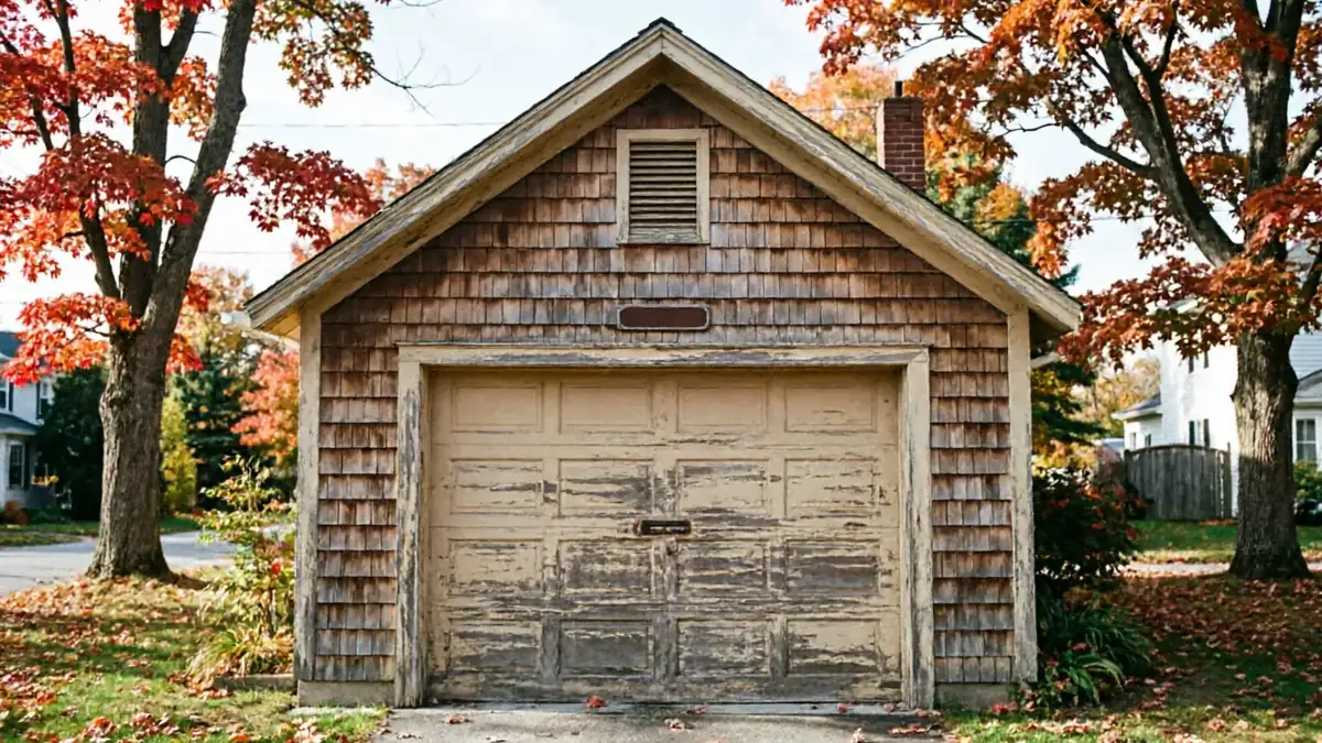 The old garage has a peeling yellow door and cedar shake siding.