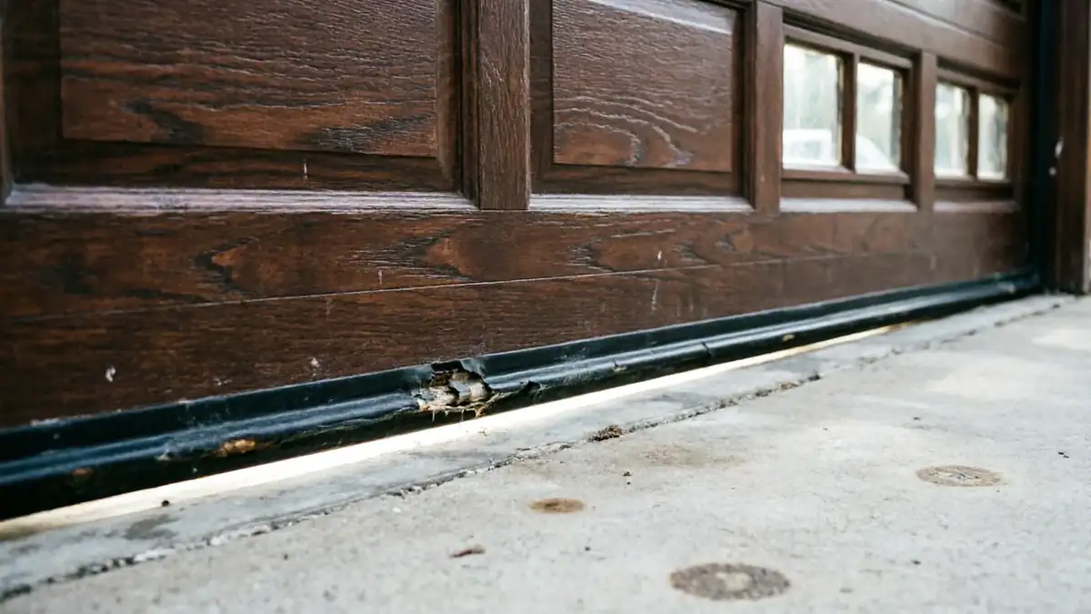 The garage door has a damaged bottom seal and a gap underneath.