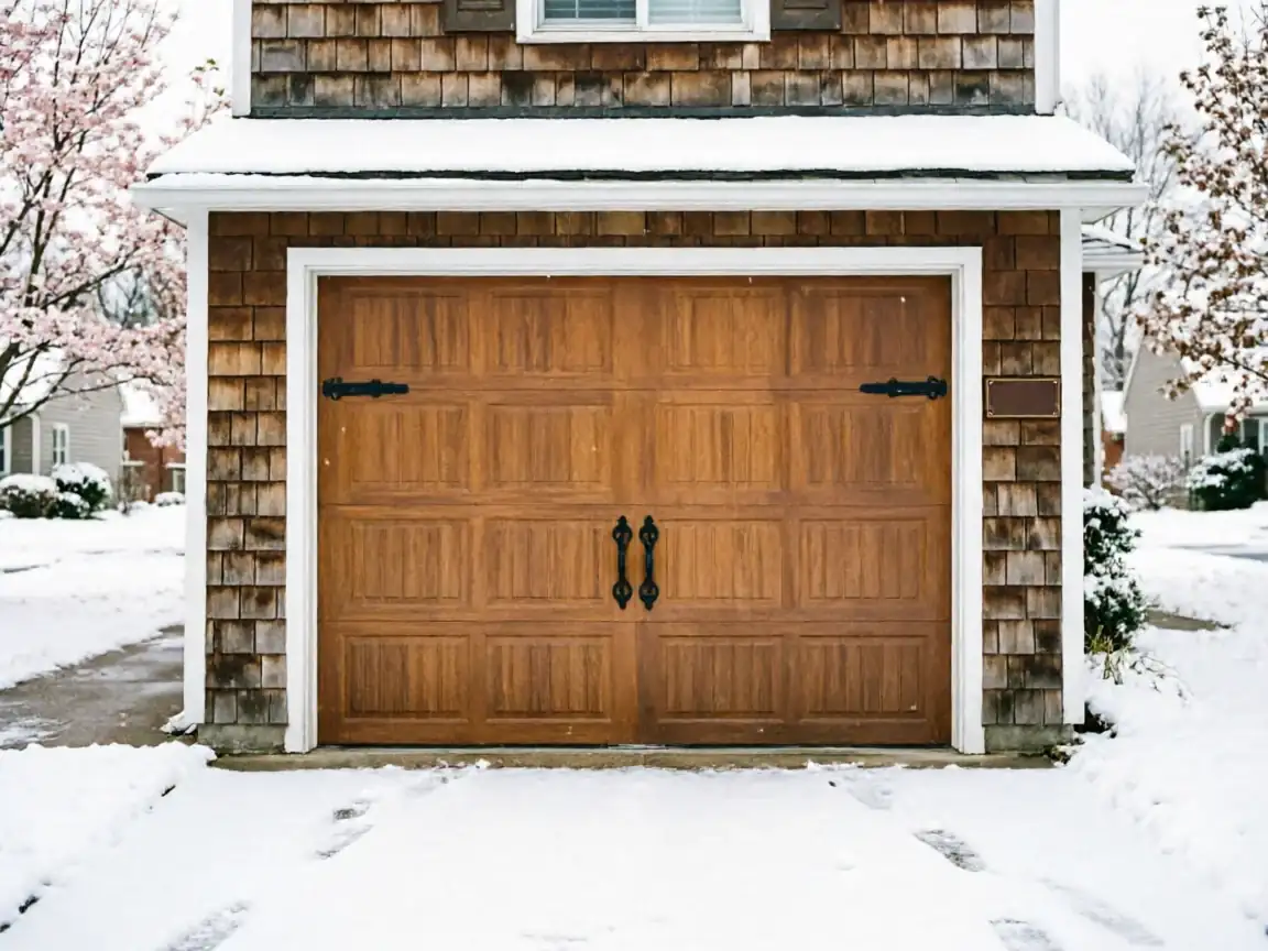 A brown wooden garage door with decorative black hardware is surrounded by snow.